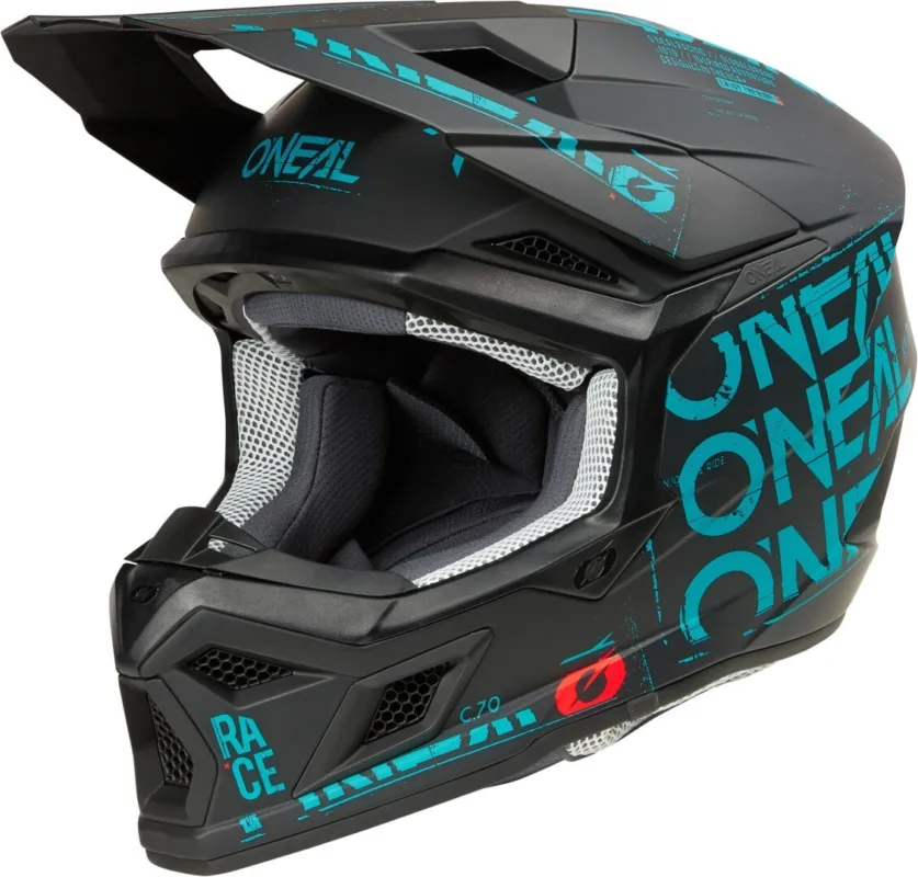 Aktuální Oneal 3SRS Static Motokrosová přilba Černá/tyrkysová - S